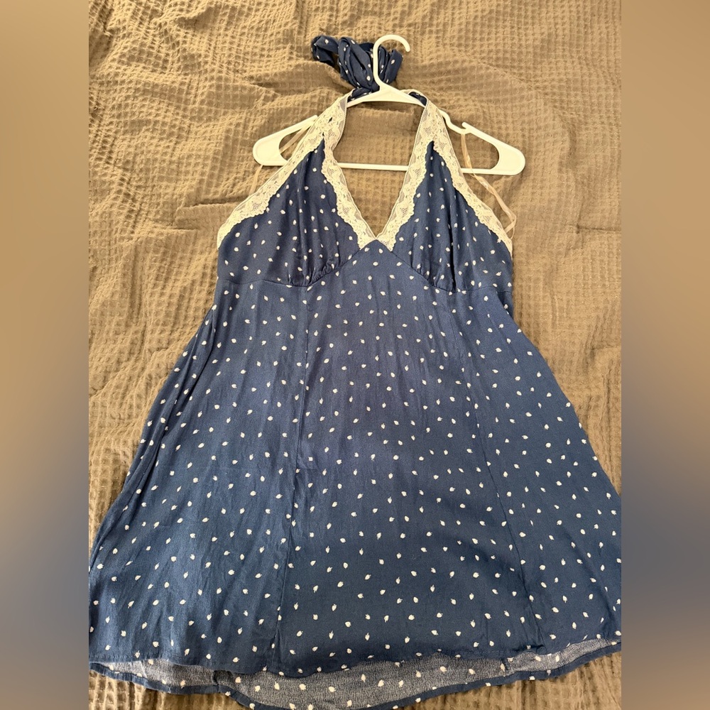 wild fable Navy Blue Halter Mini Dress with White Polka Dots and Cream Lace Trim